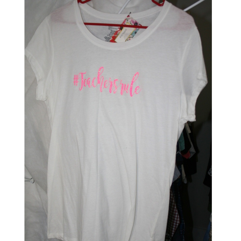 No Boundaries White Pink Glitter Teachers Rule Graphic Tee XXL 19 NJ16T106HB